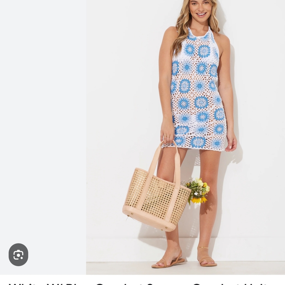 Blue and White Crochet Swim Cover-Up
